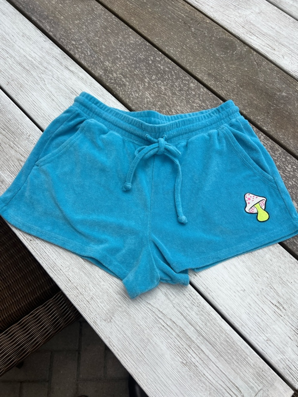 Fabletics Teal Terry Drawstring Shorts with Mushroom Patch